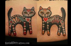 two pictures of cats with different designs on their bodies