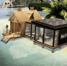 an island with a house on the water and palm trees in the backgroud