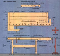 a blueprint shows the plans for a table and bench, with measurements on each side