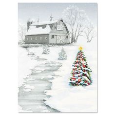 a drawing of a christmas tree in front of a barn