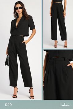 The Lulus Posh Company Black Pleated High-Waisted Trouser Pants will take your confidence levels to new heights! These dress pants are composed of woven fabric that shapes a pleated high-rise silhouette (with elastic at the back for fit), belt loops, a fabric-covered top button, and a hidden zip-fly. Relaxed, straight pant legs with side seam pockets end at ankle-length hems. Pair with the matching blazer for a complete look! Fit: This garment fits true to size. Length: Ankle length. Size medium Summer Pleated Workwear Pants, Summer Workwear Pants With Pleated Waist, Chic Pleated Waist Wide Leg Pants For Work, High Waist Pantsuit For Date Night In Spring, High-waisted Pants With Belt Loops For Date Night, Chic Tapered Leg Pants For Date Night, Summer Pleated Waist Bottoms For Night Out, Summer Bottoms With Pleated Waist For Night Out, Chic Pleated Waist Bottoms For Workwear