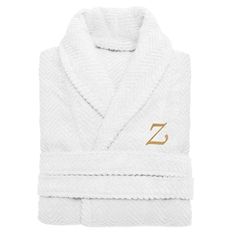 Personalize your morning routine with this soft, cozy bathrobe. Highly absorbent Quick dry Long sleeves Two patch pockets Extra thick weave FIT AND SIZE Small/medium: 20'' x 47'' Large/XL: 25'' x 49'' CONSTRUCTION AND CARE Turkish cotton Machine wash Imported Manufacturer's 1-year limited warranty For warranty information please click here Size: S/M. Color: White. Gender: male. Age Group: adult. Pattern: herringbone. White Bathrobe, Linen Bathrobe, Terry Robe, Embroidered Initials, One Piece Clothing, One Piece Pajamas, Gold Monogram, Sleepwear Robe, Home Textiles