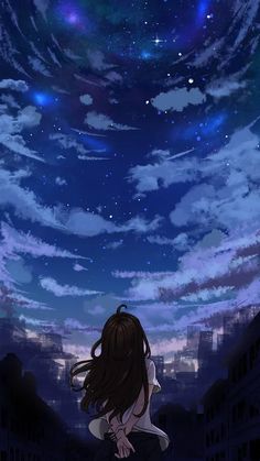 a girl looking up at the sky with stars above her head and clouds in the background