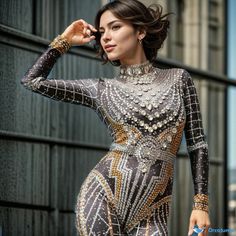 Orcajump - Stunning Rhinestone Embellished Baroque Geo Print High Neck Long Sleeve Skinny Unitard Jumpsuit High Neck Long Sleeve, Glam Dresses, Geo Print, High Neck, Jumpsuit, Bed, Building, Long Sleeve, Dresses