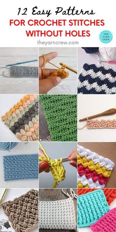 crochet stitches are shown with the words, 12 easy patterns for crochet stitches