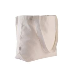 a white tote bag on a white background with a zippered closure and two handles