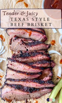 Photo of sliced brisket with pickles on the side Texas Style Smoked Beef Brisket, Oven Brisket Recipes, Juicy Brisket, Smoked Beef Brisket Recipes, Baked Brisket, Brisket Oven, Brisket Recipes Smoked, Brisket Rub, Smoked Recipes