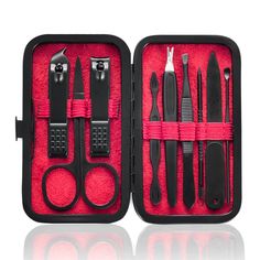 PRICES MAY VARY. Manicure Set (9 Pieces): HANTEKAS Professional Manicure Kit Contains 9 pieces nail and toenail tools for three functions must meet what you need, include hand care,facial care,foot care: Nail clippers for finger and toenails, cuticle pusher cleaner, nail file, v-shaped push stick cuticle trimmers, eyebrow tweezers, multi-purpose scissor, blackhead needle with loop remover and ear pick. Crafted By High Quality Stainless Steel: HANTEKAS Manicure and Pedicure tools are made of high Professional Manicure, Pedicure Set, Tweezers Eyebrows, Steel Nail, Pedicure Kit, Manicure Kit, Pu Fabric, Pedicure Tools, Clean Nails