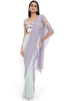 Sea foam georgette embroidered choli and saree with purple mesh pallu. Disclaimer: Since we are a made-to-measure brand and our dyeing process and embroidery are handcrafted, there may be slight variations in the color and embroidery of the actual product. The print placement may also vary from what is represented in the images shown on the product page. Purple Pre-draped Saree With Resham Embroidery For Party, Semi-stitched Pre-draped Saree With Intricate Embroidery For Festivals, Festive Purple Pre-draped Saree With Resham Embroidery, Embroidered Semi-stitched Net Saree, Purple Embroidered Pre-draped Saree For Festivals, Rahul Khanna, Payal Singhal, Nehru Jackets, Dyeing Process