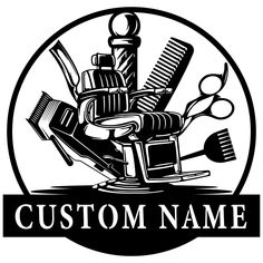 a barber shop logo with scissors, combs and other items in the circle that says custom name