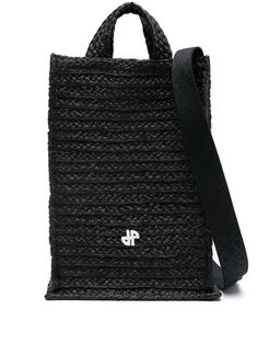 black woven raffia design JP patch to the front open top two flat top handles detachable logo-embossed shoulder strap main compartment internal logo patch unlined logo-engraved gold-tone hardware Designer Rectangular Straw Bag With Top Carry Handle, Designer Black Straw Bag With Woven Leather, Designer Black Straw Bag With Top Handle, Designer Black Straw Bag For Daily Use, Designer Black Bags For Summer, Black Rectangular Straw Bag With Woven Leather, Rectangular Black Straw Bag With Woven Leather, Chic Black Straw Bag, Designer Black Rectangular Straw Bag