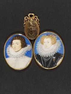 two miniature portraits of women in dress clothes, one with a gold necklace and the other with a blue background