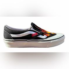 Size 5.5 Men’s Size 7 Womens Vans New Without Box Classic Flames Unisex Low 721278 Black Vans Custom Sneakers With Round Toe, Black Slip-ons With Cushioned Footbed For Sports, Black Slip-on Skate Shoes For Streetwear, Black Slip-on Canvas Shoes With Rubber Sole, Black Low-top Slip-ons With Vulcanized Sole, Black Slip-ons With Vulcanized Sole For Streetwear, Black Slip-on Canvas Shoes For Streetwear, Black Slip-ons With Round Toe For Streetwear, Black Slip-ons For Streetwear