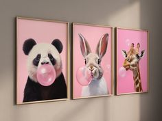 three paintings of animals blowing bubbles in front of a pink background, each with a giraffe and a zebra