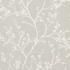 a wallpaper with white branches and leaves on grey background, suitable for use in interior design