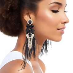 Tassel Black Feather Glass Earrings for Women Party Jewelry With Dangle Feathers, Party Jewelry With Feather Dangles, Adjustable Beaded Chandelier Earrings For Party, Elegant Evening Jewelry With Feathers, Elegant Feather Jewelry For Evening, Black Fringe Earrings For Party, Glamorous Party Jewelry With Feathers, Black Fringe Jewelry, Party Black Fringe Earrings