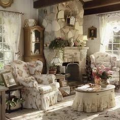 a living room filled with furniture and a fire place under a window covered in curtains