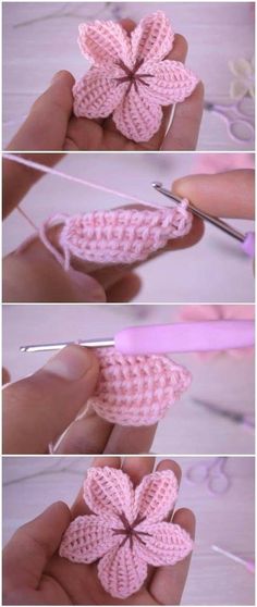 crocheted flower being worked on by someone using yarn and scissors to make it