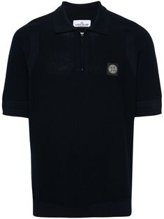 navy blue cotton knitted construction ribbed trim contrasting panel detail polo collar basket weave short sleeves signature Compass motif at the chest unlined straight hem short front zip fastening Cotton Polo Shirt, Stone Island, Polo Collar, Knit Cotton, Airport Style, Polo Shirt, Short Sleeves, Mens Shirts, Sweatshirts Hoodie