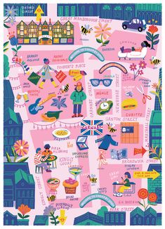 an illustrated map of the united states with people and places on it, all in pink