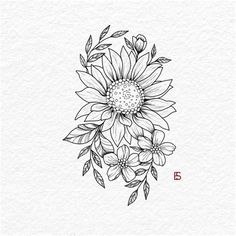 a drawing of a sunflower with leaves and flowers in the center on a white background