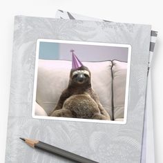 a slotty bear with a party hat sitting on a couch next to a pencil