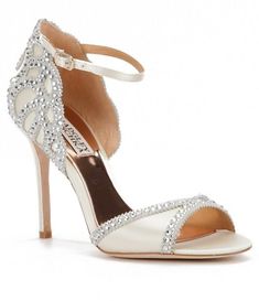 Badgley Mischka Roxy Satin & Leather Rhinestone-Embellished Dress Sandals Elegant Rhinestone Dinner Dress, Elegant Dinner Dress With Rhinestones, Elegant Bedazzled Dress For Cocktail, Elegant Bedazzled Evening Dresses, Elegant Bedazzled Dresses For Evening, Luxury Bedazzled Dresses For Formal Occasions, Elegant Silver Bedazzled Dress, Roxy Vintage, Badgley Mischka Shoes Wedding