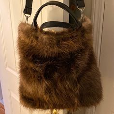 This Tote Is Extremely Roomy With 2 Pockets On The Inside Brown Bucket Bag With Top Carry Handle For Errands, Brown Top Handle Hobo Bag, Brown Bucket Satchel With Top Carry Handle, Brown Hobo Bag With Detachable Handle For Shopping, Fur Purse, Black Glamour, Vintage Black Glamour, Fur Fashion, Purses And Handbags