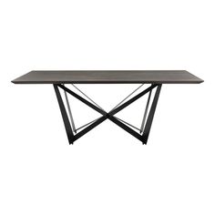 a rectangular table with black metal legs and a wooden top, against a white background