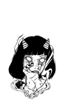 a black and white drawing of a demon girl