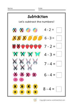 subtraction worksheet with numbers and symbols for kids to practice subtraction