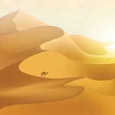 the sun shines brightly on a desert landscape with sand dunes and a camel in the foreground