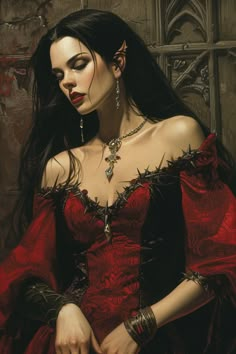 a painting of a woman in a red dress with long black hair and piercings