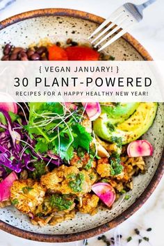 a bowl filled with vegetables and topped with text overlay that reads, vegan plant - based recipes