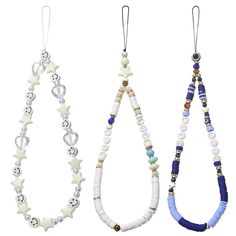 three necklaces with beads and charms hanging from strings, one in the shape of stars