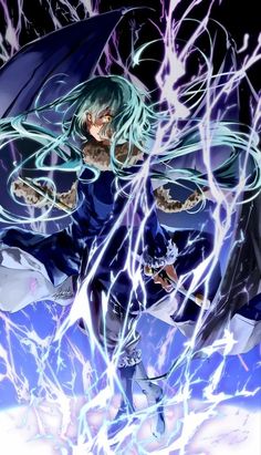 an anime character with white hair and blue eyes is flying through the air, surrounded by lightning