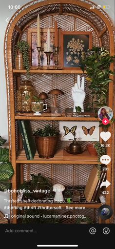 a wicker shelf with plants and pictures on it