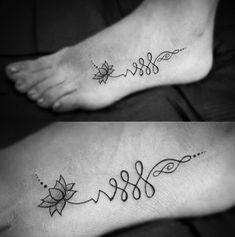 two tattoos on the feet of people with words and leaves in them, one is for life