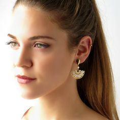 "I created these stud bridal earrings by hand, using gold plated brass castings, Swarovski 3mm pearls, Miyuki round seed beads, and 14k goldfilled push back Closure * If you chose the sterling silver option, all the metal pieces and beads will be replaced with silver metal and silver colored beads * Measurements: Earring length: 1.57\" (4cm) Fan element diameter: 1.18\" (3cm) * The earrings will come beautifully packaged for a gift. * For other Bridal earrings: https://www.etsy.com/il-en/shop/Li Gold Plug Earrings For Weddings, Gold Plug Earrings For Wedding With Pierced Ears, Brass Beaded Drop Earrings For Pierced Ears, Gold Beaded Earrings For Pierced Ears, Handmade Delicate Gold Plated Earrings, Gold Plated Dangle Plug Earrings For Wedding, Gold Plated Drop Clip-on Earrings For Wedding, Gold Plated Clip-on Drop Earrings For Wedding, Gold Plated Pierced Jewelry For Wedding