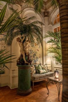 a living room filled with furniture and a large palm tree in the middle of it