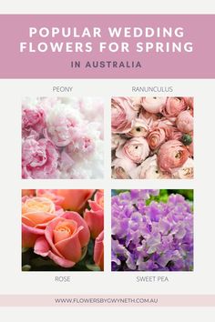 four different types of flowers with the words popular wedding flowers for spring in australia