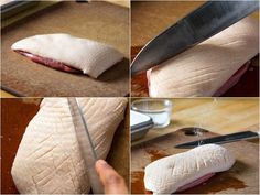 the process of slicing meat with a knife