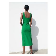 Midi dress with squared neckline and wide straps. Flounced hem. Squared Neckline, Rib Dress, Ribbed Dresses, Square Cut, Zara United States, Wide Straps, Heavy Cotton, Round Neck, Short Sleeves