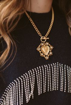 Adele Necklace – Brinker + Eliza Gold Heart Pendant Necklace With Jewels, Vintage Gold Chain Necklace With Heart Charm, Elegant Medallion Necklace With Chunky Chain, Vintage Gold Heart Chain Necklace, Elegant Gold Plated Chunky Chain Charm Necklaces, Gold-tone Chunky Chain Necklace For Gift, Brinker And Eliza Necklace, Chic Gold-tone Chunky Chain Necklace, Adele