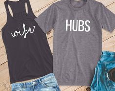 wife and HUBS Flowy Racerback Tank and T-Shirt Set /// Honeymoon Shirts, Just Married Shirts, Couples Shirts, Wifey and Hubby | #1437 Bride And Groom Tshirts, Honeymoon Vibes, Smith Wedding, Wedding Tools, Couples Shirts, Married Shirt, Hawaii Trip