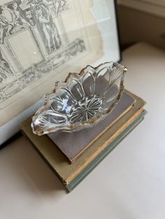 a glass bowl sitting on top of a book