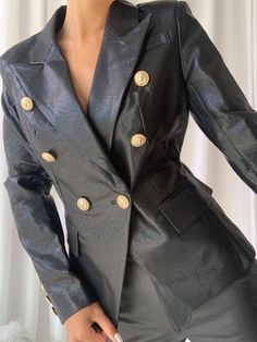 Fabric / Material: PU Leather. Cotton. Polyester Notched Collar Long Sleeves Double Breasted Fully Lined Metal Buttons Leather Blazer, Swimwear Sale, Notched Collar, Gold Dress, Metal Buttons, Fabric Material, Double Breasted, Blue Dresses, Vegan Leather