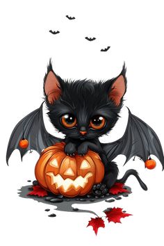 a black cat with orange eyes sitting next to a jack o lantern pumpkin and bats