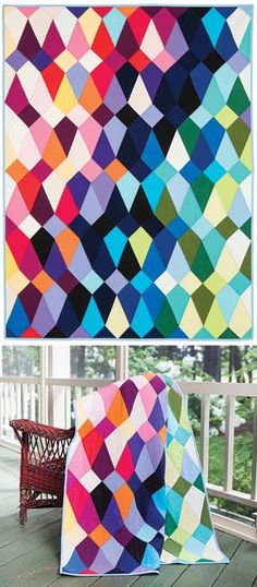 two quilts with different colors on them and one is made out of paper, the other