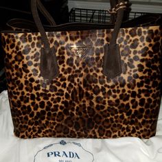 Leapatf Print Tote With Brown Leather Handles Prada Nylon Tote Bag, Prada Nylon Tote, Leopard Print Tote, Prada Purses, Prada Tote Bag, Suede Tote Bag, Marc Jacobs Handbag, Suede Tote, Nylon Tote Bags